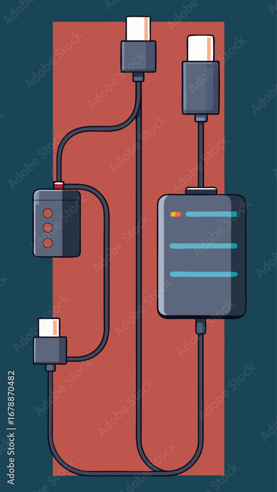 Poster a white box with four black cords coming out of it. the cords are of different lengths and are conne