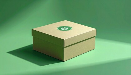 Eco-friendly product packaging mockup with a natural leaf symbol on a minimalist green surface with clean lighting