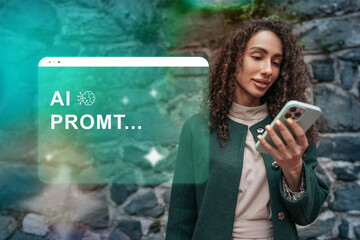 Woman engaged with smartphone in a vibrant urban setting during the day, showcasing technology and...