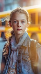 primary school student, schoolgirl in casual clothes on the street with a school bus in the background