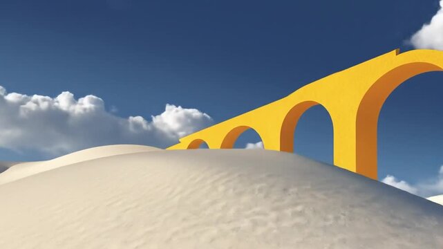Yellow arches stretch across white dunes under blue sky with clouds