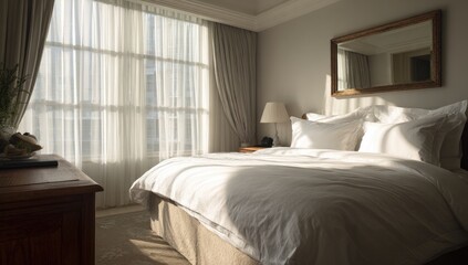 Sunny hotel bedroom with white linens and large windows