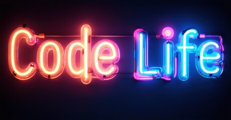 Bright neon sign displays words Code Life. Vivid colors create modern aesthetic. Dark background emphasizes glowing text.