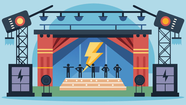 A stage with lights and a DJ booth. The stage is set up for a concert. The lights are on and the DJ booth is ready for the performers