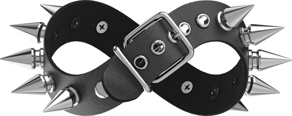 Infinity Sign Made of Black Leather Spiked Collar – Bold Punk Gothic Symbol. 3D isolated illustration