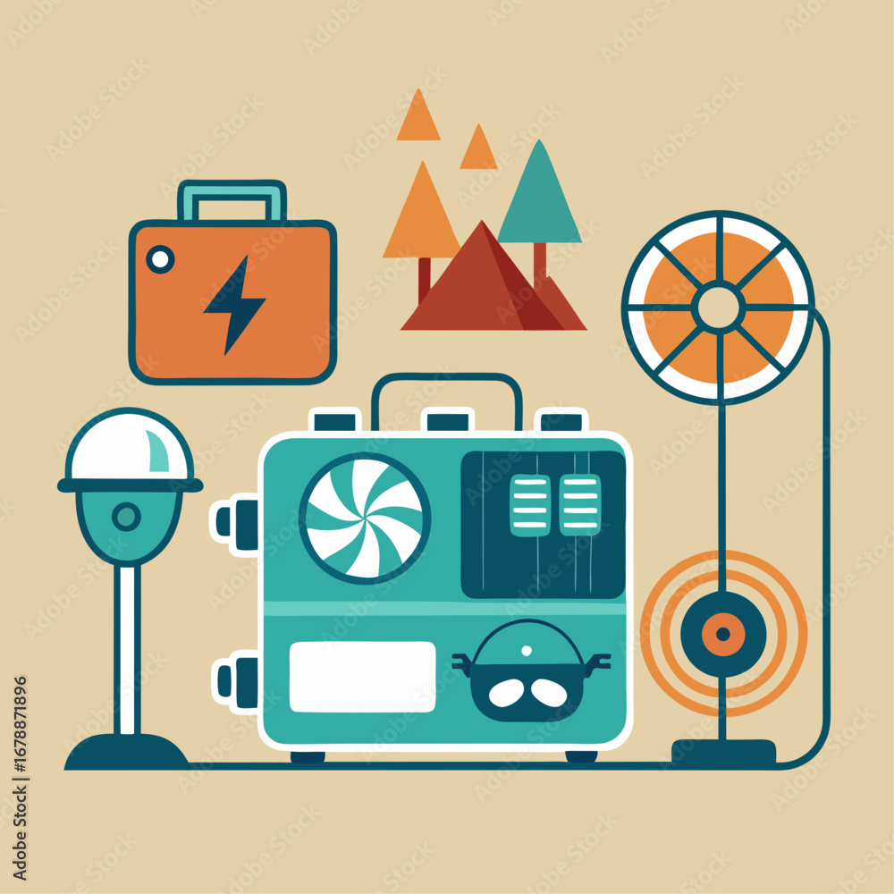 Poster a cartoonish drawing of a device with a green box on it. the box has a fan on it and a camera. the d