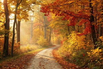 Winding Forest Path Covered in Fallen Autumn Leaves with Sunbeams road