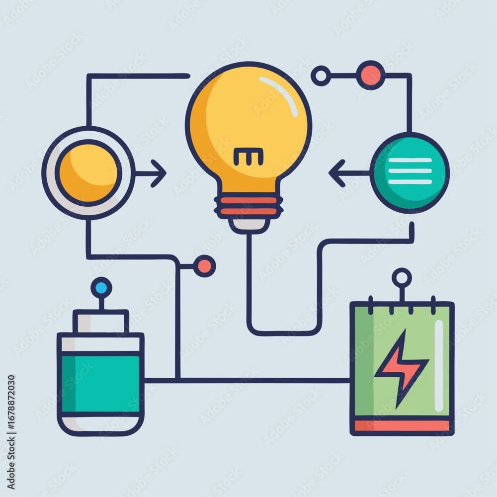 Poster a light bulb with a yellow bulb and a green light, which is part of a circuit. the circuit is made u