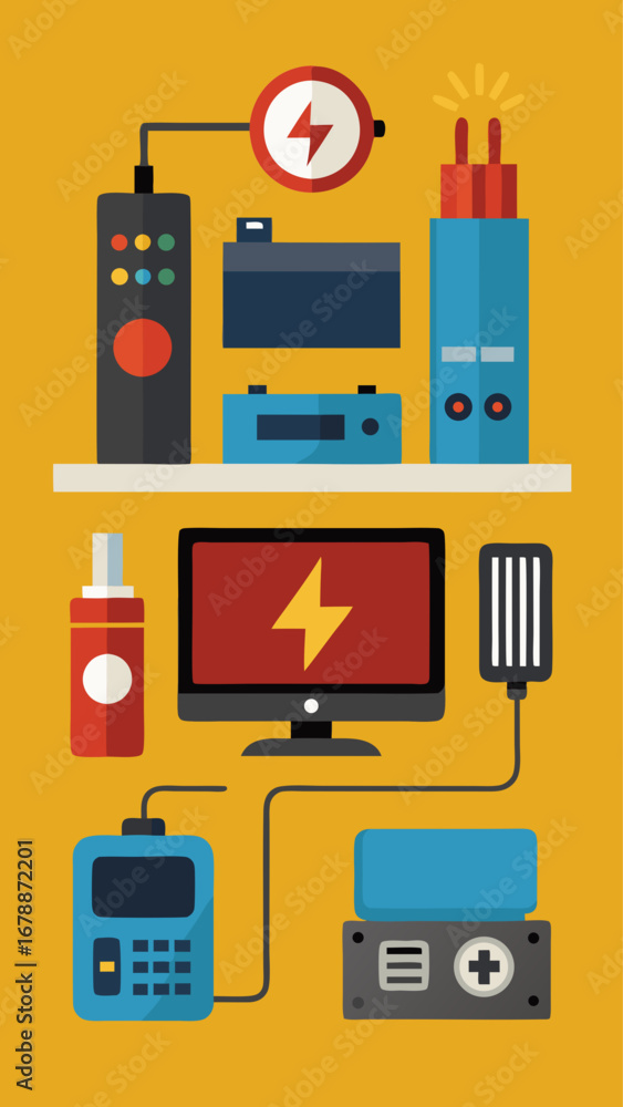 Poster a computer monitor sits on a table with a variety of electronic devices surrounding it. concept of t