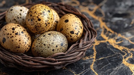 Obraz premium Golden Speckled Eggs Resting Gracefully in a Dark Wicker Basket