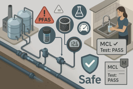Vector cutaway illustration of PFAS filtration system using granular activated carbon with test confirmation for clean drinking water compliance.