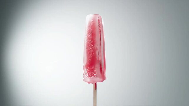 Closeup of a delicious red strawberry popsicle melting on a clean white background.