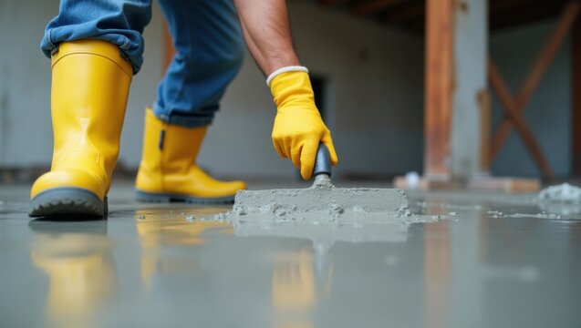 Un obrero alisa un suelo de hormig&oacute;n h&uacute;medo con una llana de acero. Botas y guantes de protecci&oacute;n garantizan la seguridad durante los trabajos de cimentaci&oacute;n
