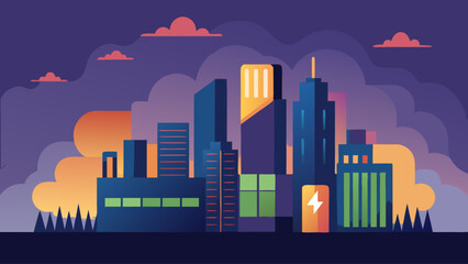 Fototapeta premium A city skyline with a bright yellow sun in the background. The buildings are colorful and the sky is dark