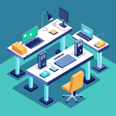 A computer desk with a laptop, a keyboard, a mouse, and a monitor. The desk is set up for work or study