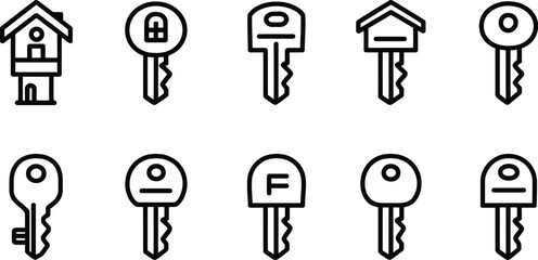 Silhouette set of ten uniquely designed keys, each featuring symbolic or architectural elements such as houses, locks, and keyholes, creatively representing access, security, and identity in a minimal