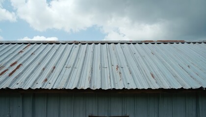 Corrugated metal roof panels on rural building with cloudy sky. Weathered steel material shows signs of rust and wear. This structure represents sturdy construction and protection against elements.