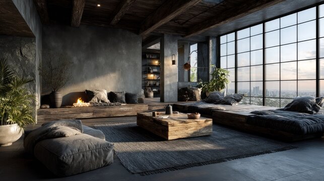 Serene loft living room with rustic charm and expansive city view windows