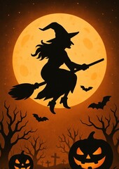 Fototapeta premium Witch flying Halloween night.