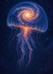 Naklejka premium Cosmic jellyfish illuminates starry universe.