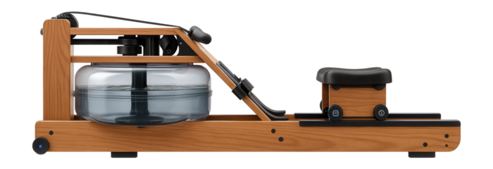 Water-filled rowing machine with wooden frame for indoor rowing simulation