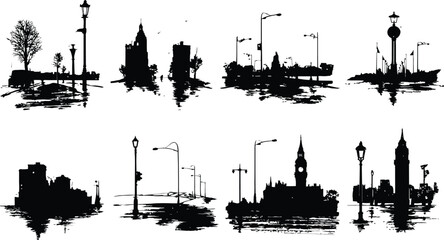 Obraz premium Silhouette illustrations of urban cityscapes featuring diverse architectural structures, street elements, and brushstroke textures, capturing the essence of metropolitan environments in a minimalist 