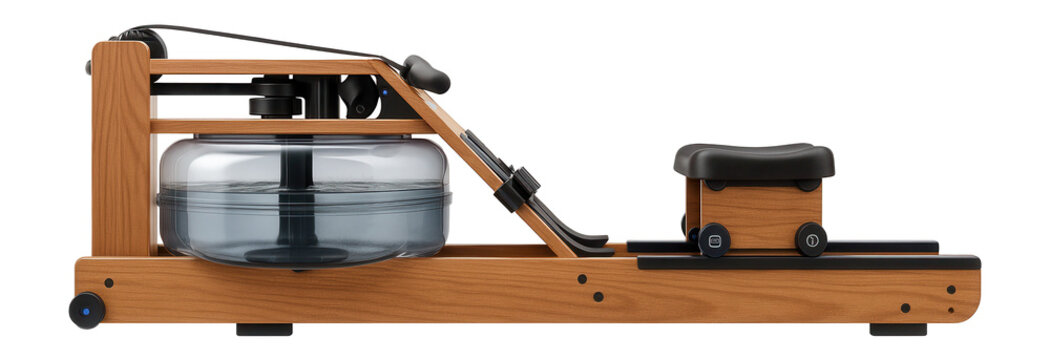 Water-filled rowing machine with wooden frame for indoor rowing simulation