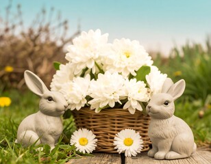 Two gray bunnies flanking a basket of white flowers