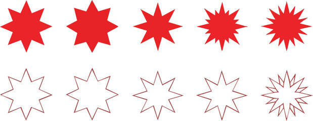 A series of red and outline starburst shapes arranged in two rows, representing different designs.