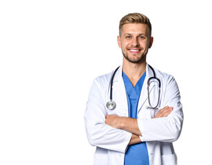 Fototapeta premium portrait of a smiling male doctor on a transparent background