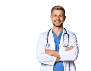 portrait of a smiling male doctor on a transparent background