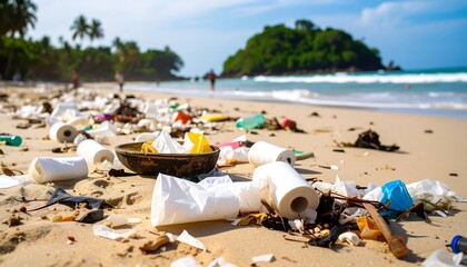 Beach littered with plastic and paper waste