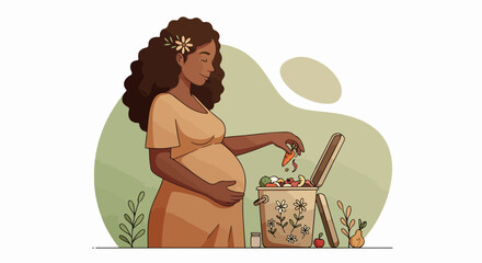 Pregnant woman throwing garbage into trash can, acting responsibly for future generations. This pregnant woman’s commitment to sustainability is visible as she handles proper waste disposal,