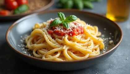 Delicious pasta with rich tomato sauce, fresh basil, and grated cheese served on dark textured plate. Al dente spaghetti, seasoned with pepper, sits on gray table, inviting fine dining experience.
