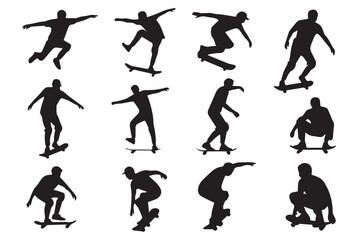 twelve black skateboarder silhouettes performing dynamic skateboarding tricks in vector format for sports design use