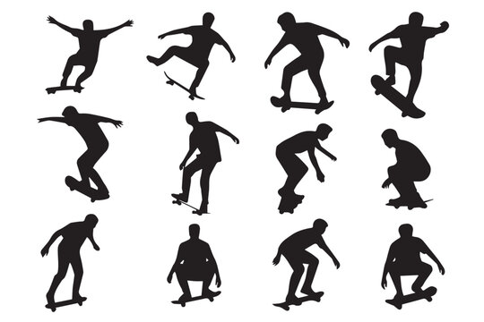 black silhouette skateboarders vector illustration of twelve action packed skateboarding tricks for urban extreme sports