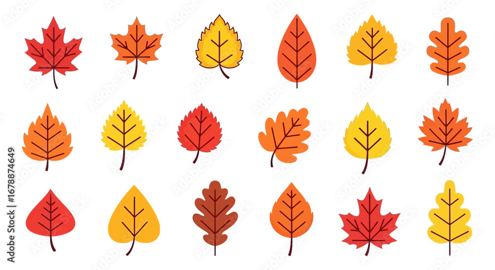 Poster vector icons set of a vibrant collection of colorful autumn leaves in a flat design style isolated o
