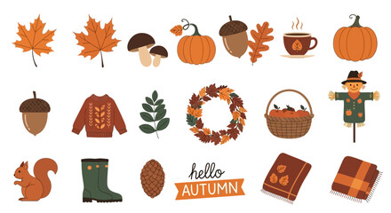 Vector Icons Set of A vibrant collection of autumn themed stickers and icons. EPS Editable
