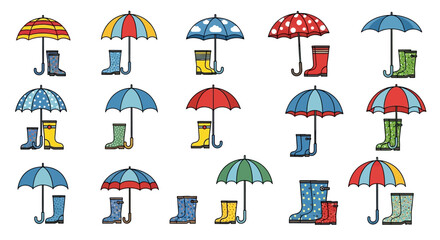 Vector Icons Set of A vibrant collection of colorful umbrellas and rain boots. EPS Editable