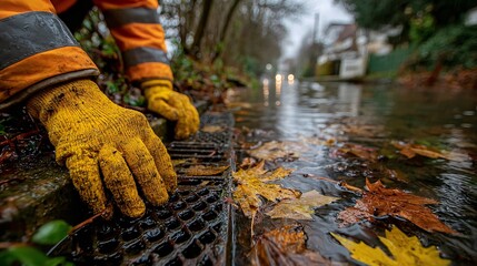 Sanitation Worker in Protective Gloves Clearing Clogged Storm Drain Debris