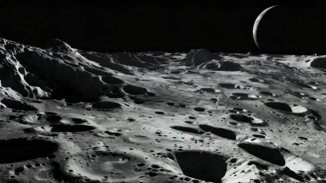 The surface of the Moon with craters and gray landscapes against the backdrop of black space. Used for scientific publications about space, illustrations for articles about lunar missions, science fic