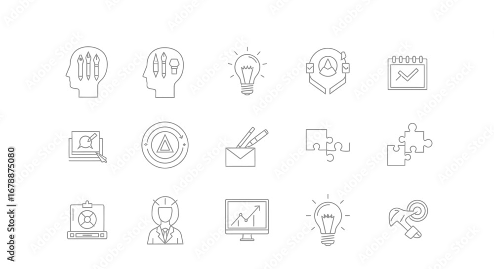 Poster vector icons set of business strategy and creative solution thin line icons set. eps editable
