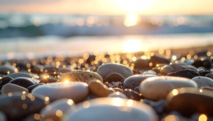 An idyllic, tranquil image of polished beach stones at sunrise or sunset, glistening with beautiful golden bokeh lights from the ocean, creating a peaceful and serene natural background