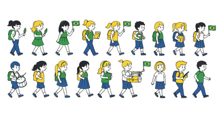 Vector Icons Set of Collection of Brazilian students walking in a school parade illustration. EPS Editable