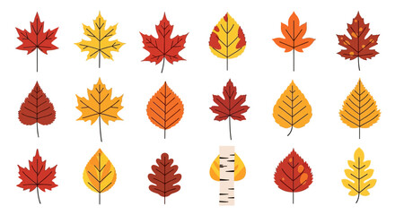 Obraz premium Vector Icons Set of Collection of colorful autumn leaves in various shapes and sizes. EPS Editable