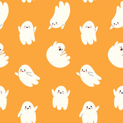 Cartoon seamless pattern of Halloween with cute ghosts characters. Trendy background for Halloween decoration. Hand drawn vintage design for print, poster, banner, wrapping paper, fabric