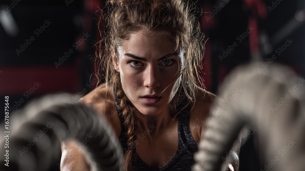 Poster intense workout session with battle ropes emphasizing strength and determination in a gym environmen