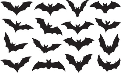 bat silhouette vector set with 16 designs showcasing unique wing shapes versatile for decor educational flyers and web graphics