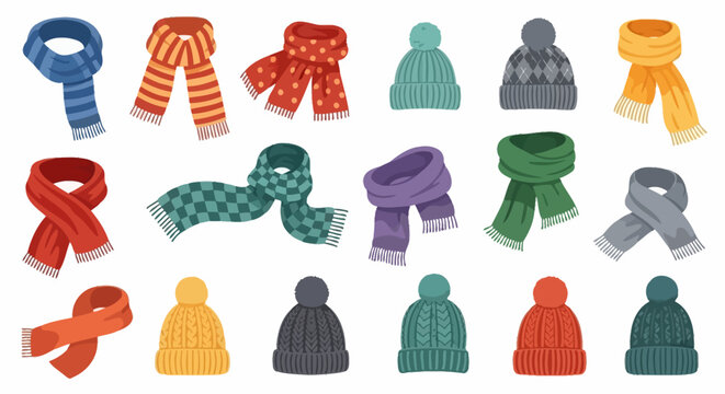 Vector Icons Set of Colorful collection of knitted winter hats and scarves vector illustration. EPS Editable