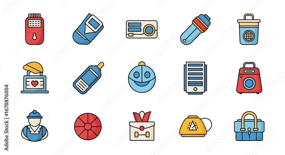 Poster Vector Icons Set of Colorful vector icon set with office supplies technology and daily objects. EPS Editable